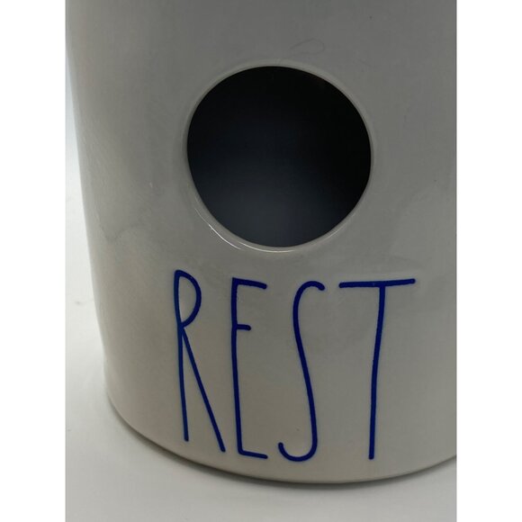 Rae Dunn Ceramic Birdhouse With Burlap Bow & "Rest" Text Blue - Picture 3 of 7